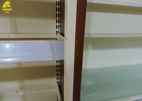Glass Doors Steel Pharmacy Display Racks With Locker Glass Shelving