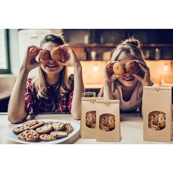 Bakery Bags with Window Brown Tin Tie Tab Lock Bags Kraft Paper Bags for Cookies, Coffee