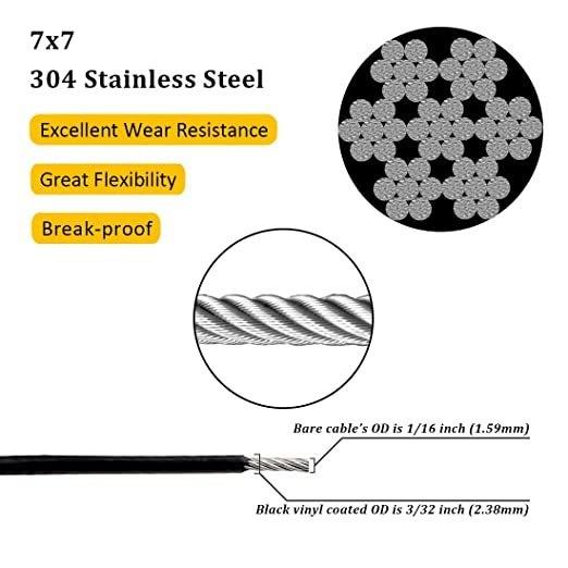 AiSi Standard 304 aço inoxidável fio de cabo preto vinil revestido cabo de fio de luz exterior