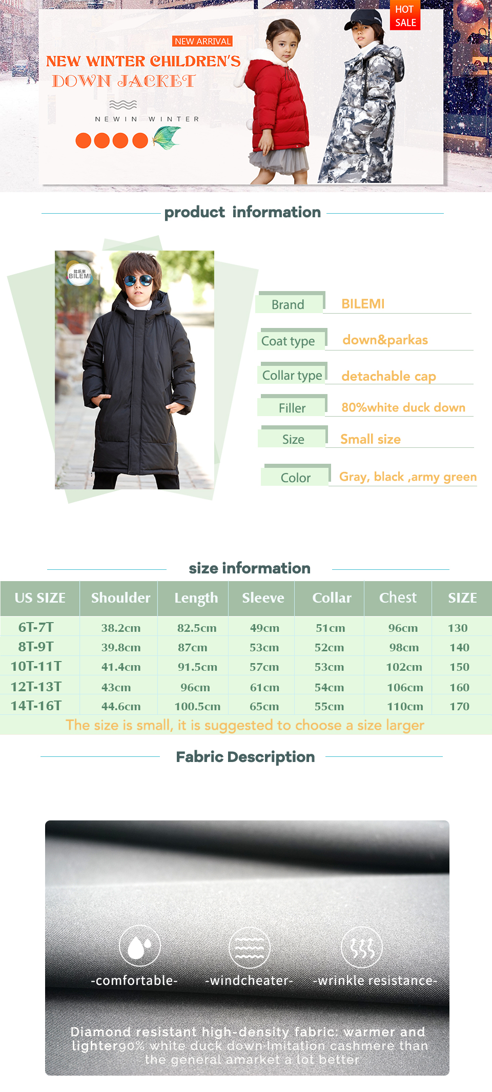 Bilemi Kids Korean Style Oversized Boy Gray Winter Coat Boys Down Jacket Kids Parka