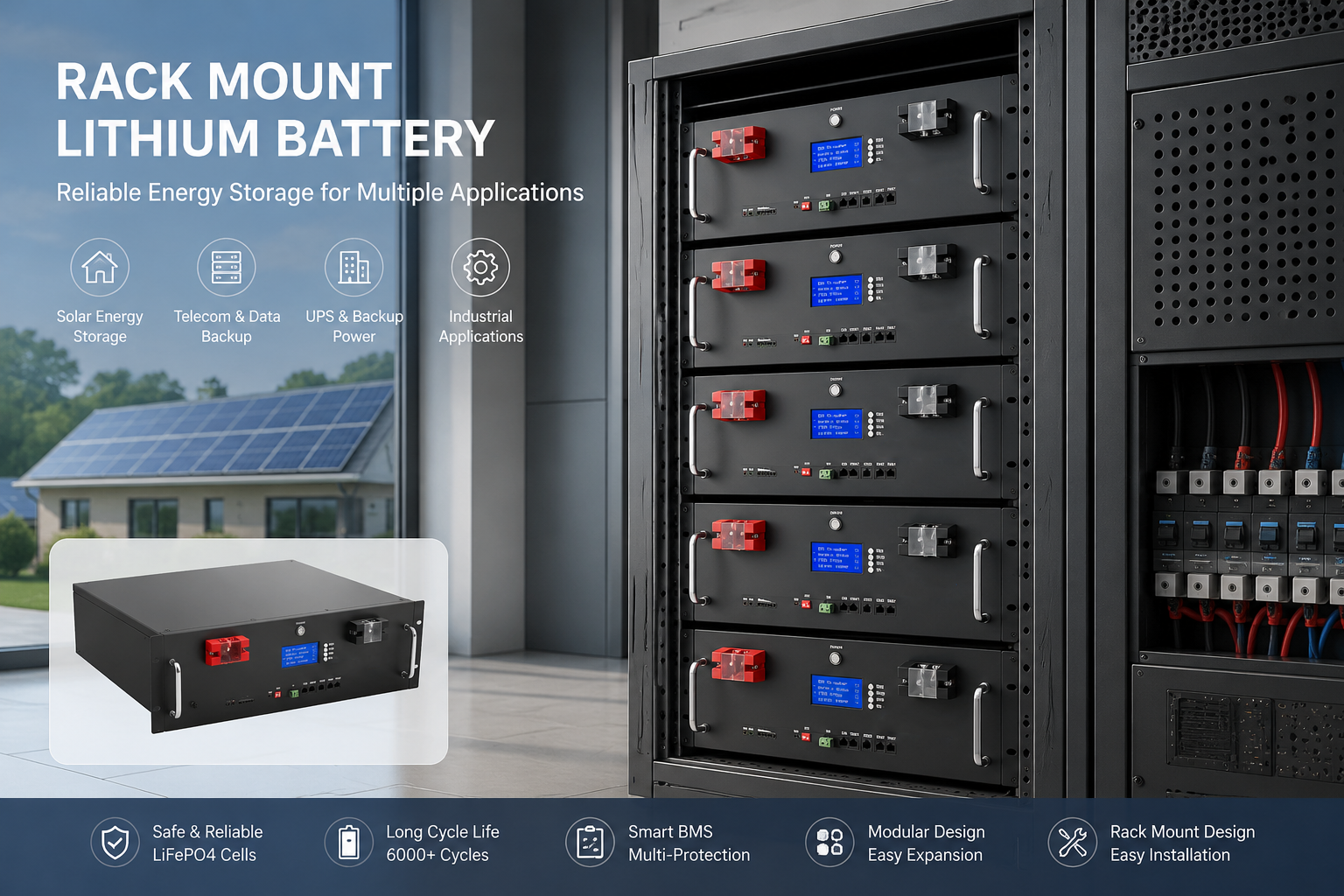 48V Lithium‑ion LiFePO4 Battery 200Ah for Energy Storage, Solar Lithium‑ion Battery with CAN Communication Port for Hybrid Grid