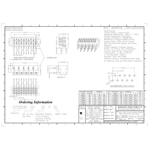 Type femelle d'immersion de récipient de carte PCB du connecteur 1.27mm*1.5mm à angle droit