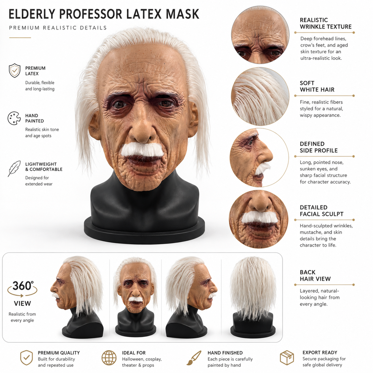 Short White Hair Old Man Latex Full Head Mask with White Mustache, Realistic Wrinkles, Detailed Skin Texture, Visible Eye Openings for Halloween Party Cosplay Costume