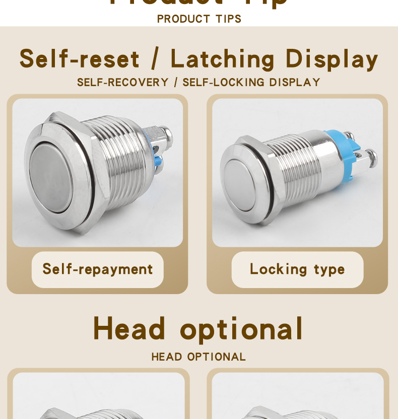 12mm Metal 2-Pin Push Button Switch, Self-Locking and Self-Resetting, Screw Terminals, Solder Pins, No Light, High Flat Head, Small Modding Button
