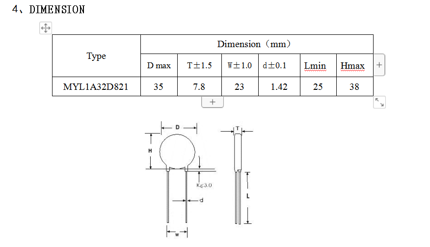 Varistor MYL 32L-821K 32mm 820V 510 series anti-surge voltage protection new energy electronic inverter power supply