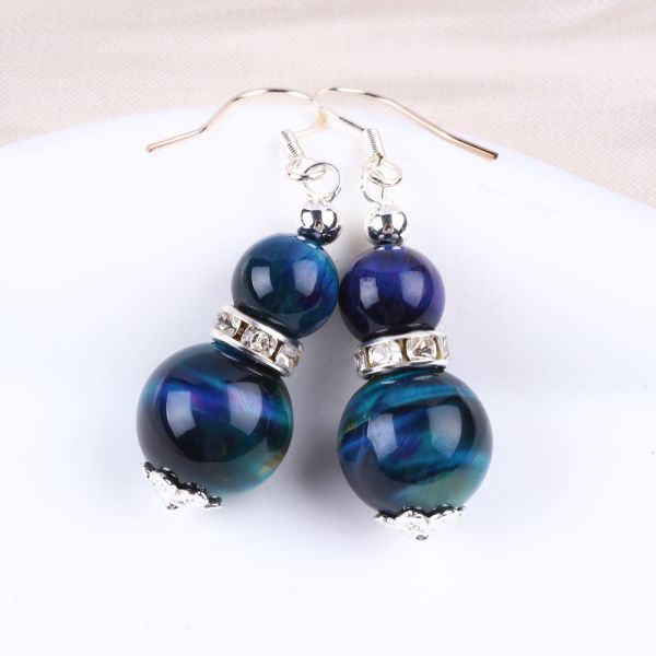 Handmade Crystal Stone Earrings Rainbow Tiger's Eye Gemstone Beaded Pendant Earrings