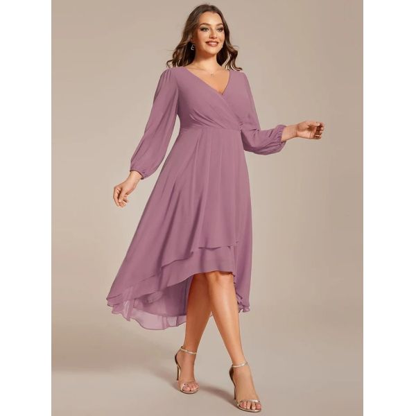 Plus Size Ruffled A-line Long Sleeve V-neck High Low Wedding Guest Dark Purple Chiffon Bridesmaid Dress 