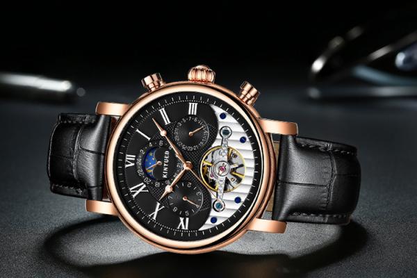 KINYUED moon phase skeleton watch tourbillon mens automatic mechanical watch luxury
