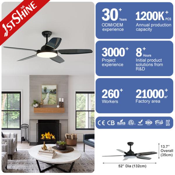 52inch Black ABS Blades 6 Speeds Remote Control LED Ceiling Fan Light with Copper Motor