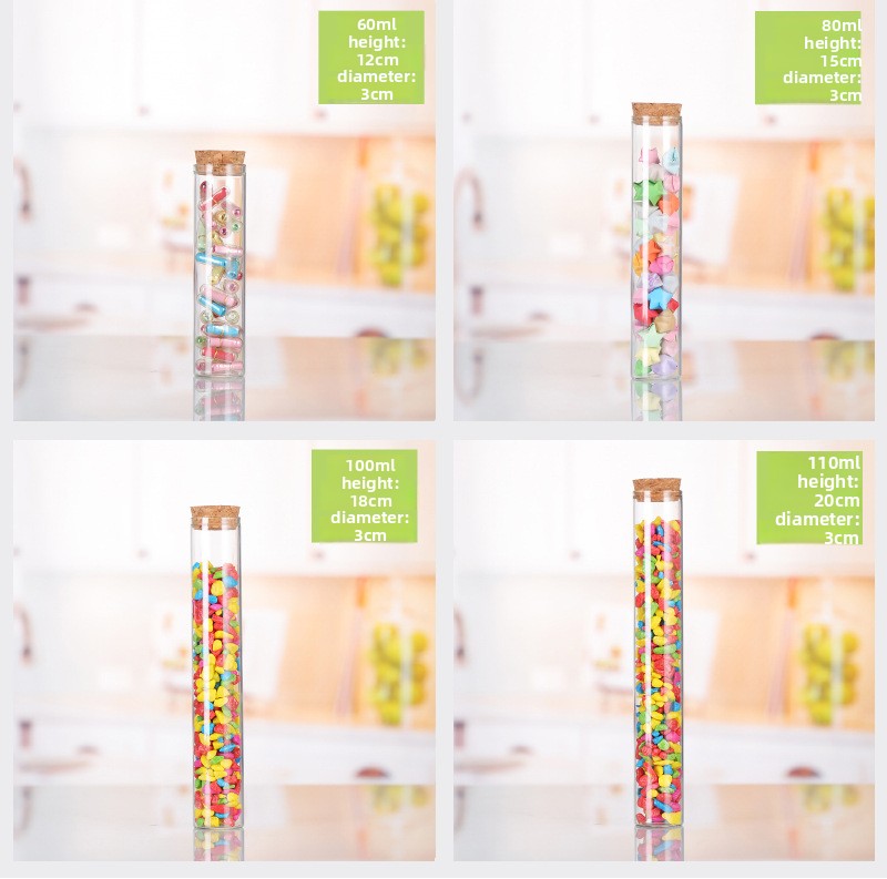 30mm Transparent Flat Mouth for Test Tube Bottle with Rose Flower Dispensing Bamboo Lid Straight Glass Candy Container