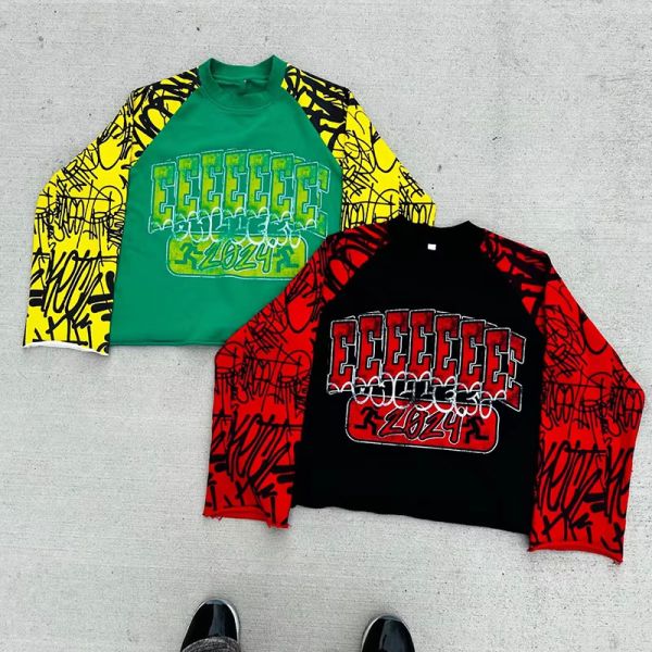 Clothing Manufacturer Streetwear Custom Color Blocked 100% Cotton Crop All Over Silk Screen Print Boxy Tee Long Sleeve T Shirt