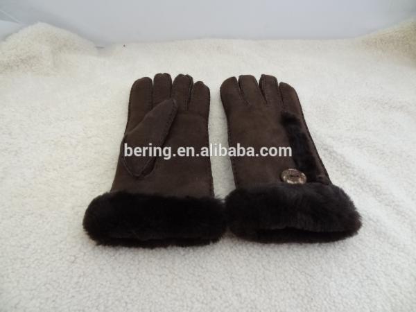 Women soft fashion double face fur lined leather gloves ladies lamb fur gloves with button
