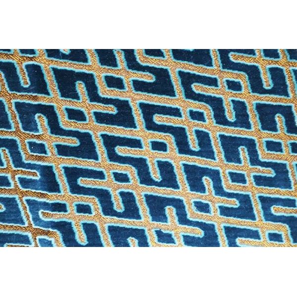 Light Retro Blue and Gold Geometric Jacquard Velvet Fabric For Sofa