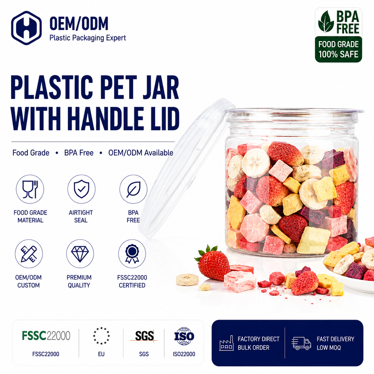 Custom PET Clear Food Cans For Freeze Dried Strawberries Mango Blueberries Fruit Snacks