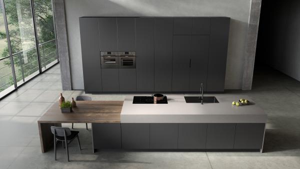 Armários de cozinha de melamina preta Armário de cozinha sob medida com mesa de ilha