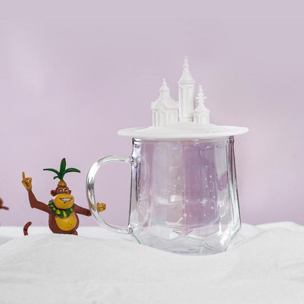 Pink Borosilicate Double Wall Personalized Glass Cup Castle Shape 300ml