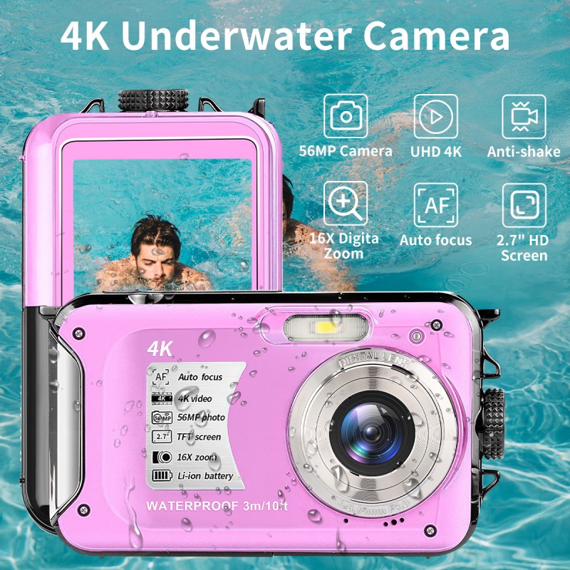 4K Underwater Camera 56MP UHD Video 16X Digital Zoom Anti Shake Auto Focus 2.7 Inch HD Screen for Snorkeling Diving and Swimming