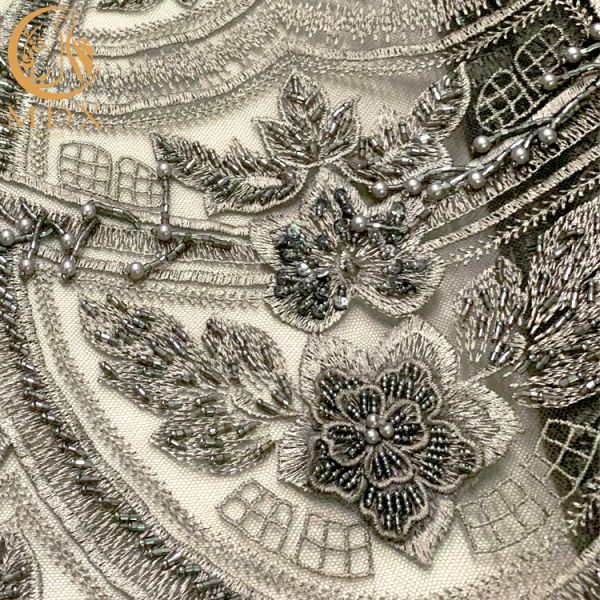 Beaded Sequin 3D Embroidery Lace Fabric Grey Tulle For Dress