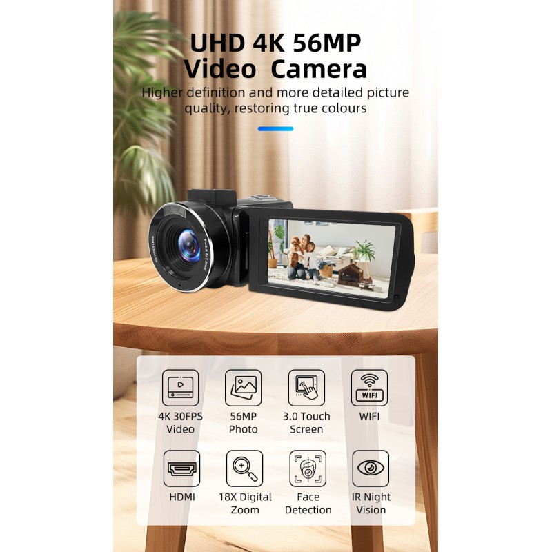 UHD 4K Video Camera 18X Digital Zoom 3.0 Inch IPS Screen Camcorder Vlogging Camera for YouTube with Wifi &Night Vision