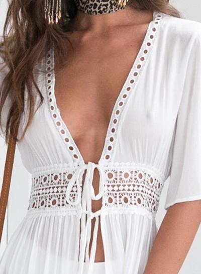 White V-Neck Bohemian Maxi Dress for Women123