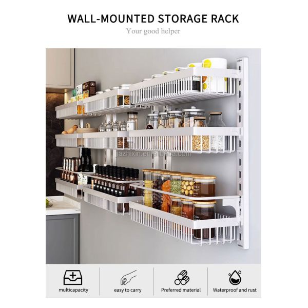 Multi-Function Metal Organizers Punch-Free Wall-Mounted Storage Rack with Adjustable Seasoning Basket for Kitchen Bathroom Doors