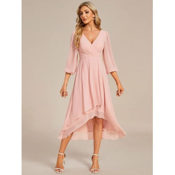 Elegant Empire Long Sleeve V-neck High Low A-line Ruffled Midi Dark Green Chiffon Wedding Guest Evening Dress 