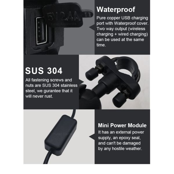 15W 5V 2.4A Motorcycle Wireless Charger Mount Waterproof