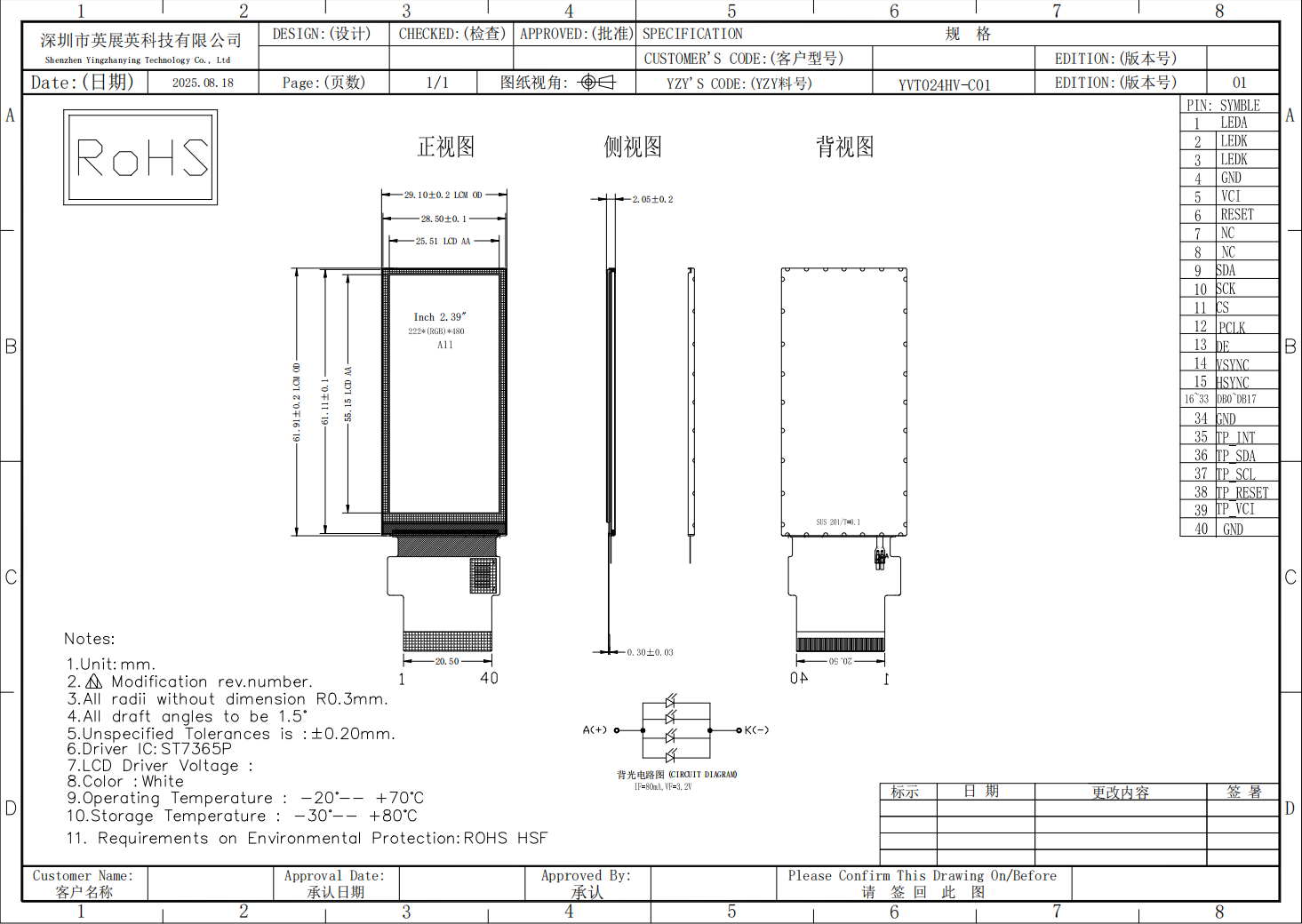 2.4 Inch Bar Type LCD Display 222×480 Resolution SPI RGB LCD Display