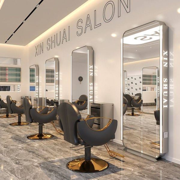 Modern LED Hair Salon Mirror Floor Stand Double Sided Barber Station Mirror with Light Black Frame for Hairdressing Furniture