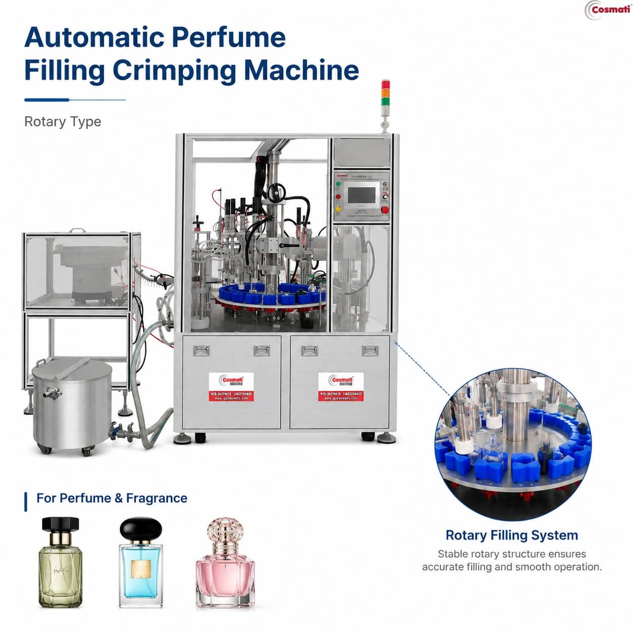 Rotary Automatic Perfume Filling Machine Bottle Cleaning Crimping Capping Line