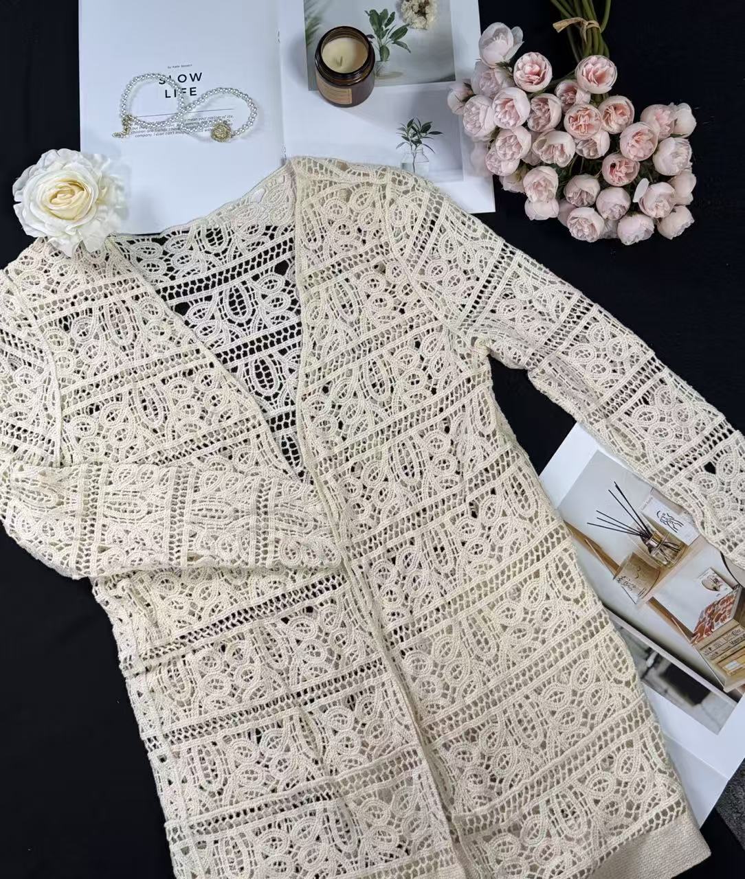 Mid to Long Bohemian Knitted Jacket with Handmade Leaf Floral Crochet Hollow-Out Design and Lightweight Knitted Fabric in Retro Boho Style