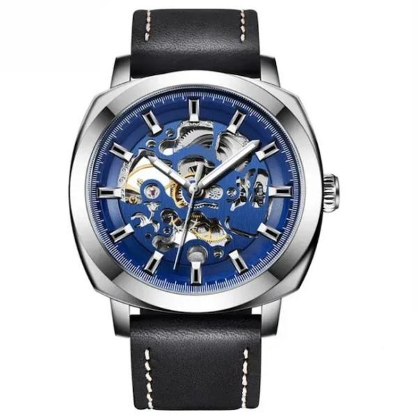 Esqueleto Mecânico Quartz Impermeável Relógio 45mm Dia Couro Faixa Homem Relógio