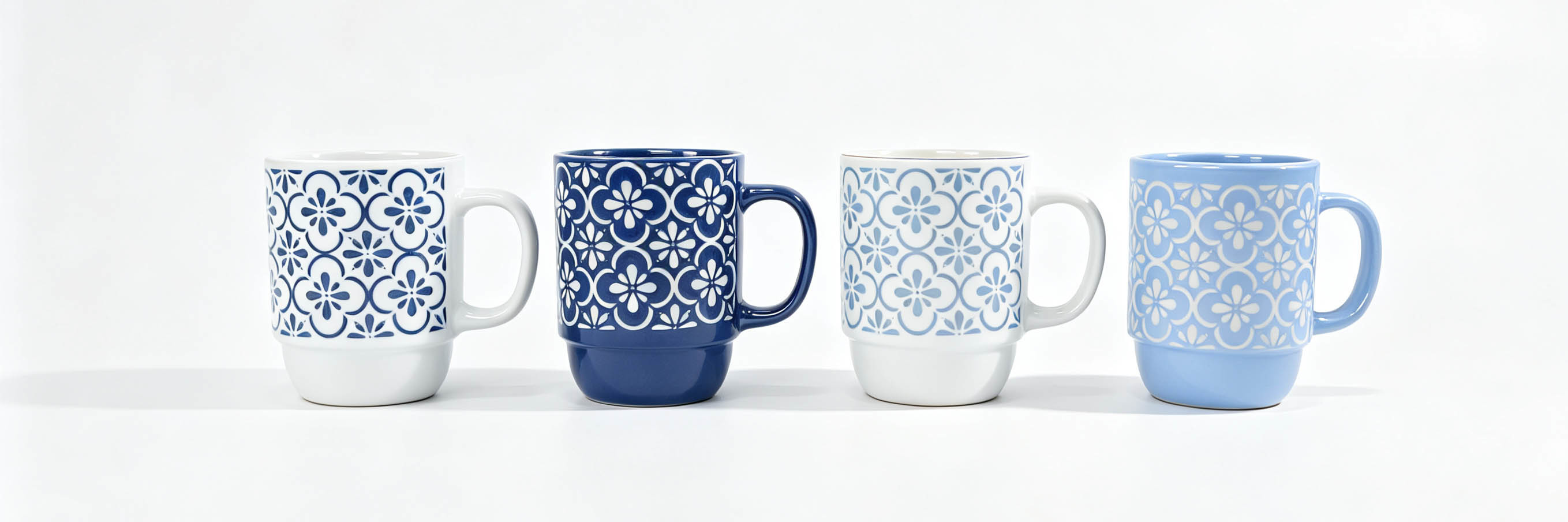 4 Pack Blue Floral Tile Ceramic Coffee Mugs, Stackable Vintage Mediterranean Floral Pattern Tea Cups for Kitchen & Gifts