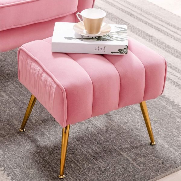 Tufted Footrest Modern Ottoman Stool Trapezoid Gold Tone Metal Legs Durable