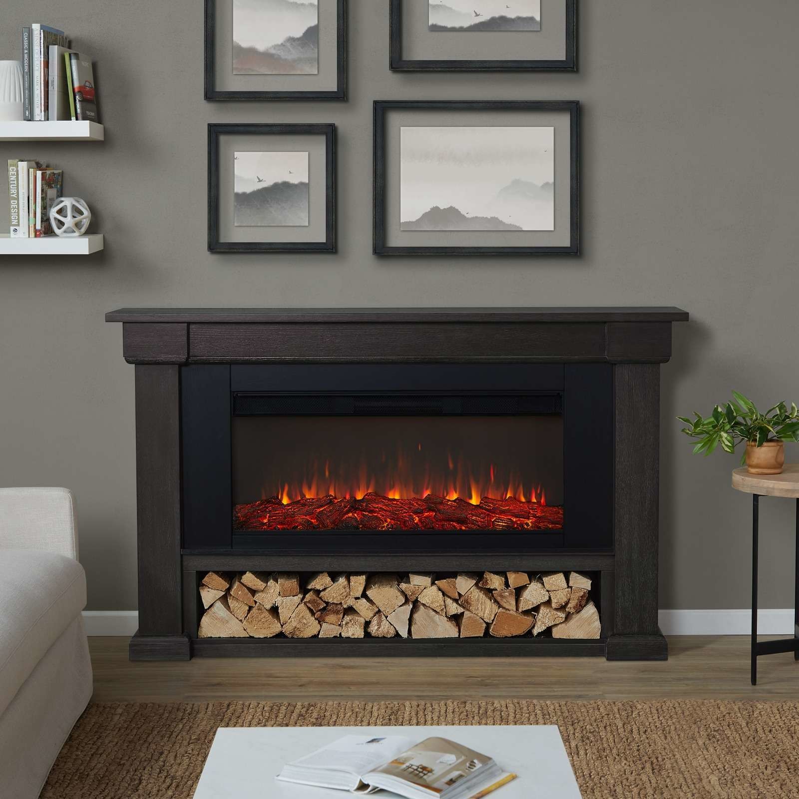 Electric Fireplace Cabinet with Firewood Storage and 100 BTU Heat Output Remote Control