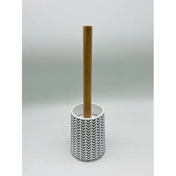 Accesorios de escritorio de baño de poliresina blanca Conformación redonda con madera Accesorios de inodoro Conjunto de cepillos de inodoro Dispensador de lavado manual