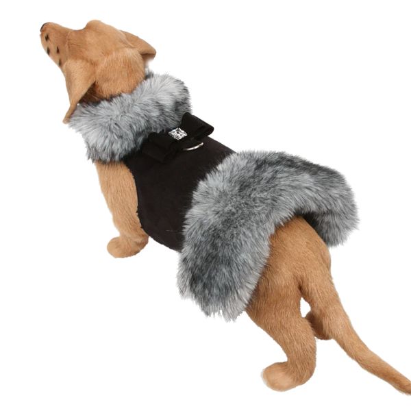 Platinum Glitzerati Bow Soft Silver Faux Suede Faux Fox Fur Dog Coat