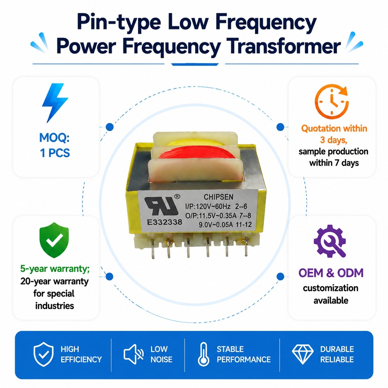 Custom EI33 Low Frequency PCB Mount Transformer Heavy Duty Pin Type Power