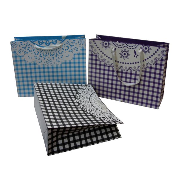 Square Customized Paper Promotional Carrier Bag 230gsm matte coated ribbon Handle