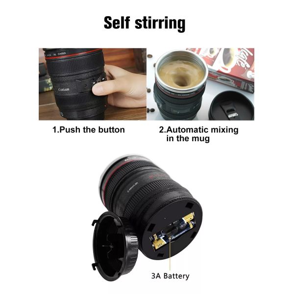 Creative Double Wall Stainless Steel 400ml Camera Lens Shape Coffee Mug Travel Bottle