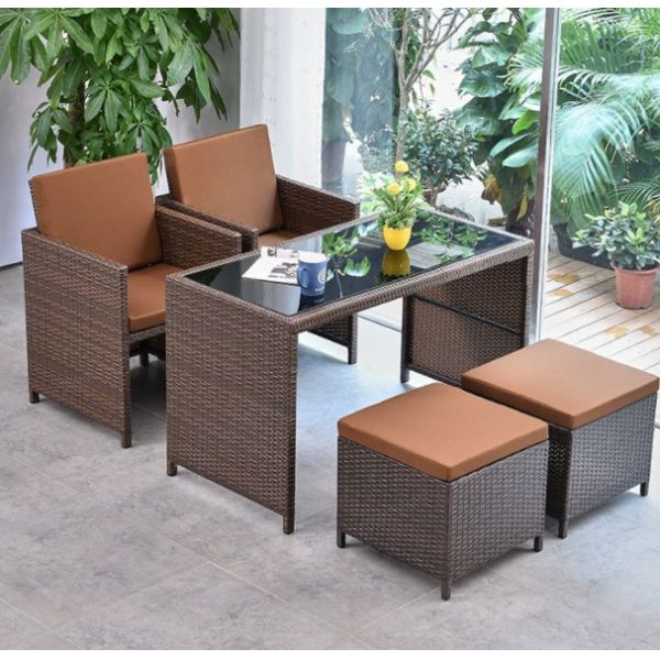 5 Piece Pe Rattan Furniture Dining Tables And Chairs Aluminum Waterproof Outside Patio Lounge Outdoor