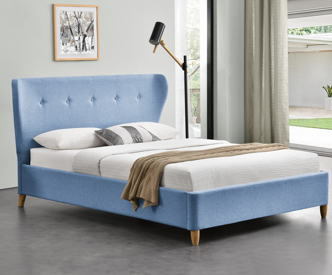 Modern Wooden Ottoman Double Bed Dark Grey Velvet Luxury Curved Headboard