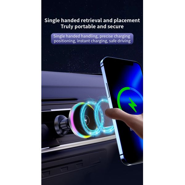 15W Magnetic Car Holder with Magnetic Wireless Charging Silver/Grey Color