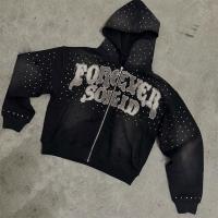 Embroidery Patch Logo Vêtements de rue Homme Hoodies Rhinestone Sweatshirt à capuche