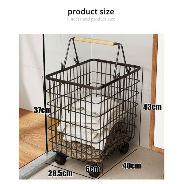 Iron Wire Laundry Hamper With Rolling Wheels Free Standing Storage Basket Dirty Clothes Cart Sorter Bathroom Washing Organizers