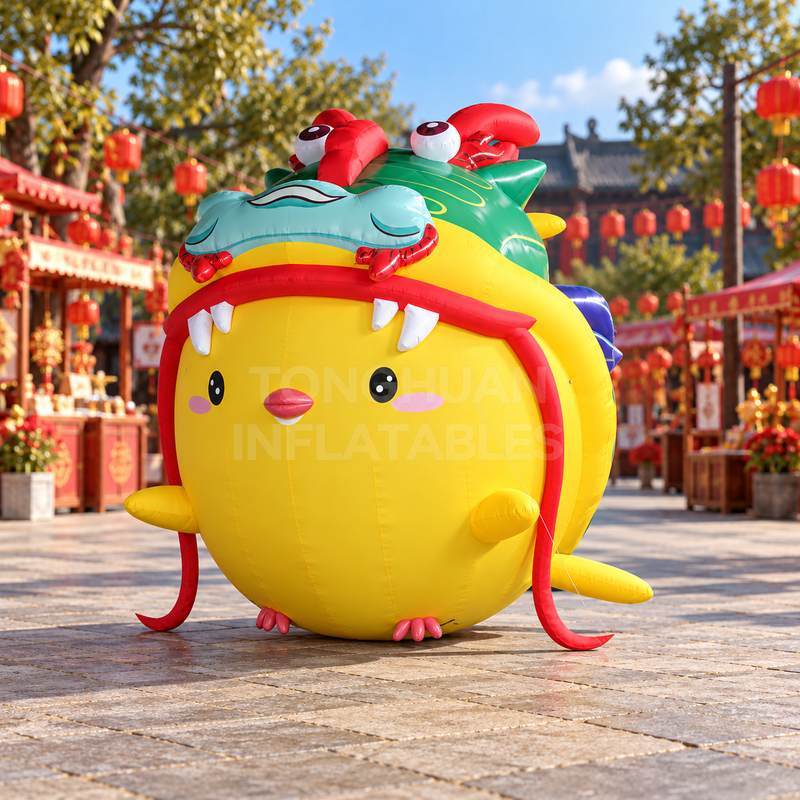 Custom Inflatable Yellow Chick Mascots with Lion Dance Hood and Red Hat Designs for Festivals and Mall Promotions