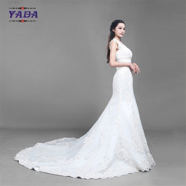 Fashion v neck tulle handmade embroidery bride white beaded mermaid wedding dresses
