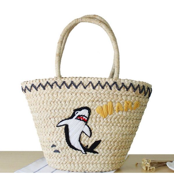 New Korean version of the hand-embroidered shoulder bag straw bag beach knitting female fashion flamingo