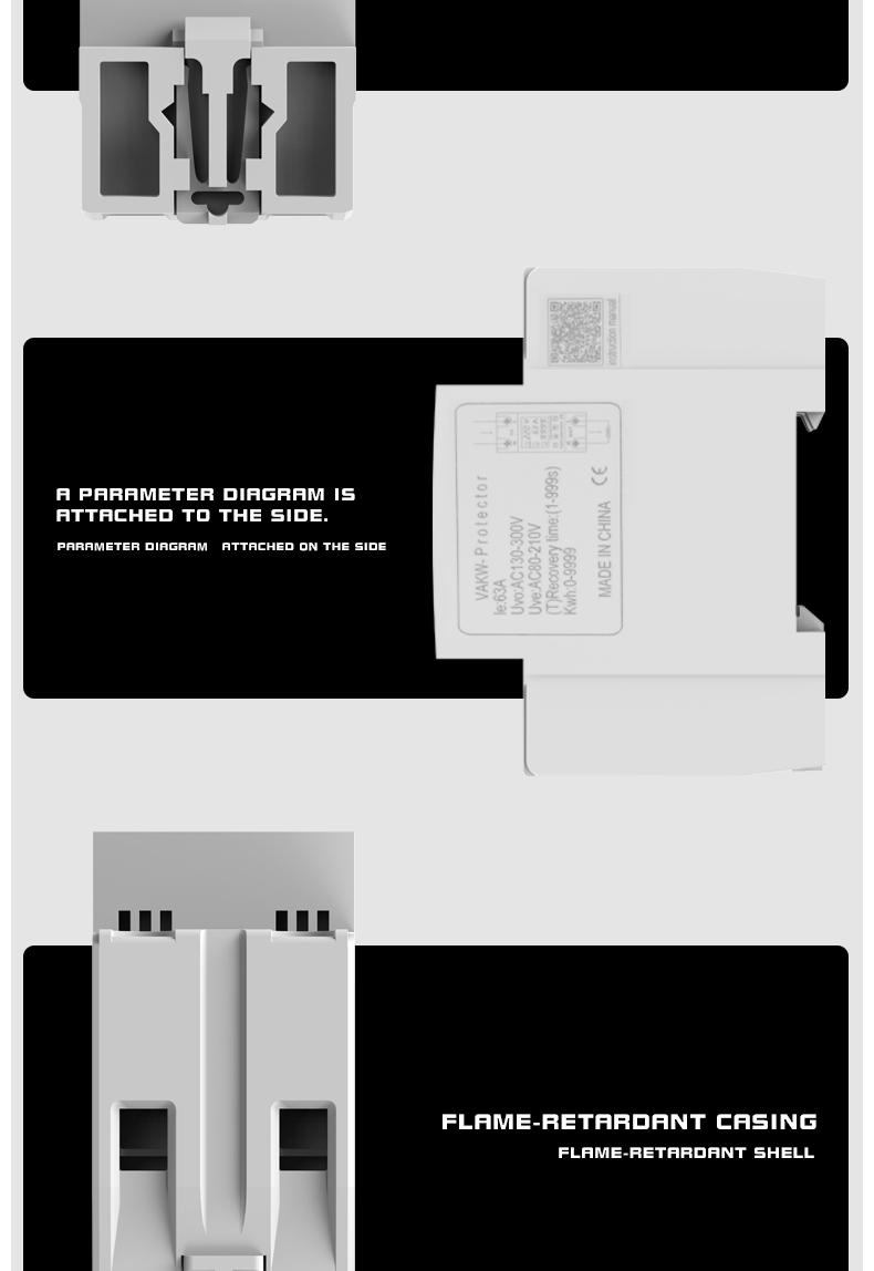 Rail-mounted digital display rocker switch self-reset over/under voltage protector 40A 63A for home use, delay 220V
