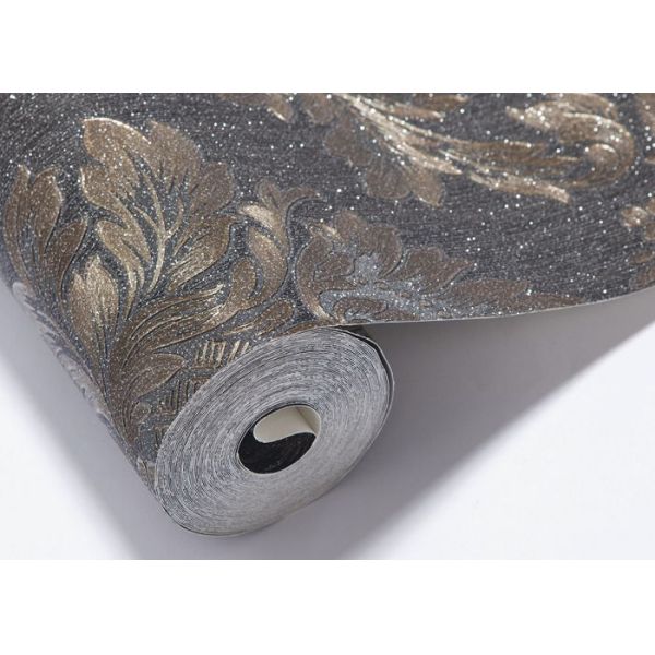 Removable Victorian Damask Wallpaper Embossed Black and Golden Pattern , 0.53*10m/ roll